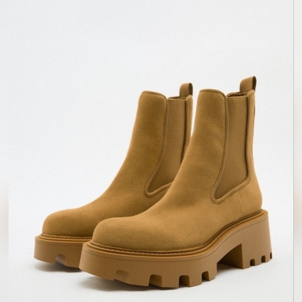 Zara Brown Suede Lug Sole Chelsea Ankle Boots Block Heel Womens EU 36 US 6